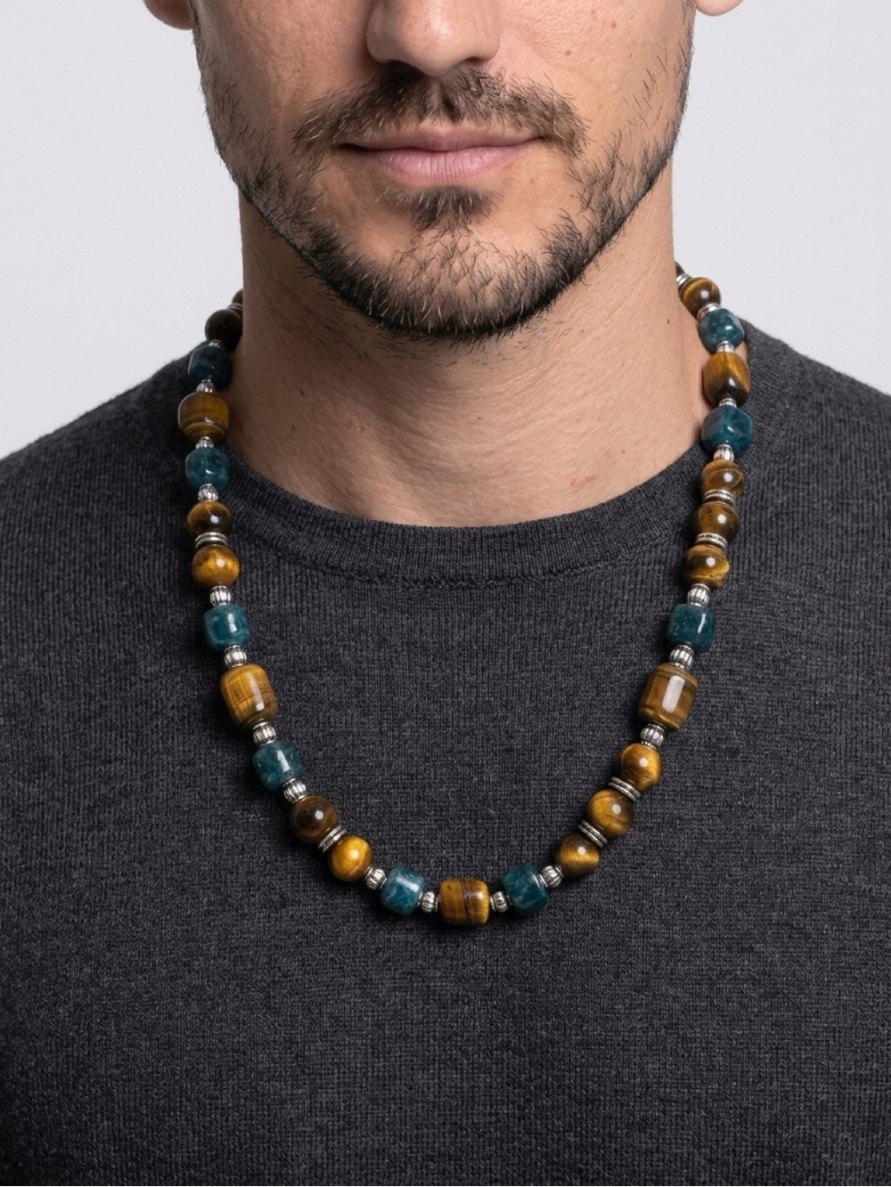 Men's Beaded Stone Necklace in Quartz &Tiger Eye